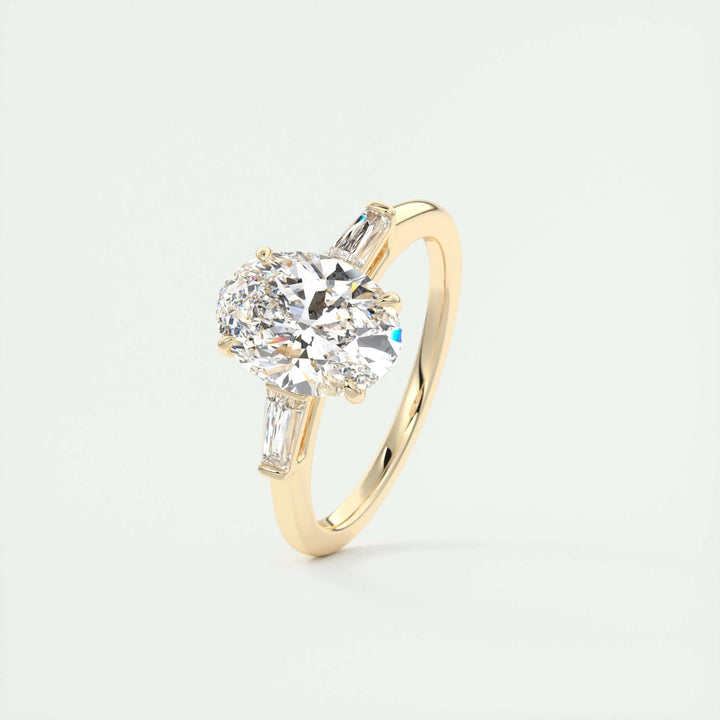 IGI certified oval cut diamond in three stone engagement ring setting