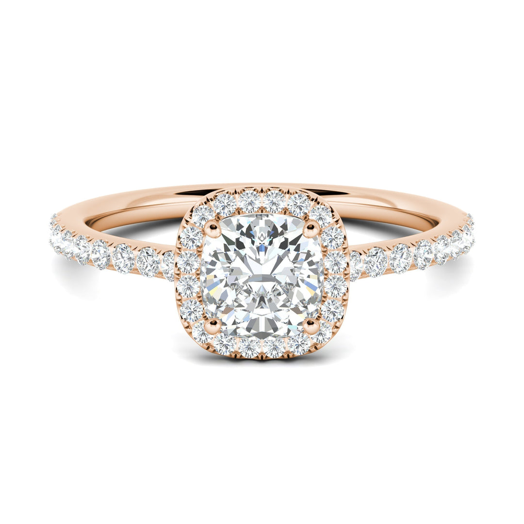 Cushion pave engagement ring viewed from the side