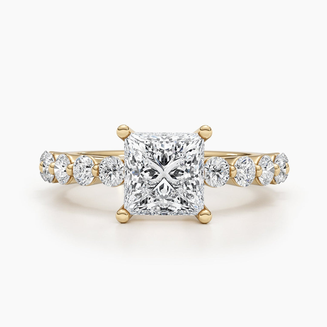 Detailed close-up of princess pave diamond engagement ring