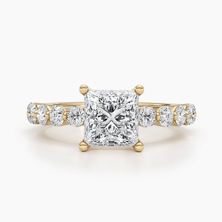 Detailed close-up of princess pave diamond engagement ring