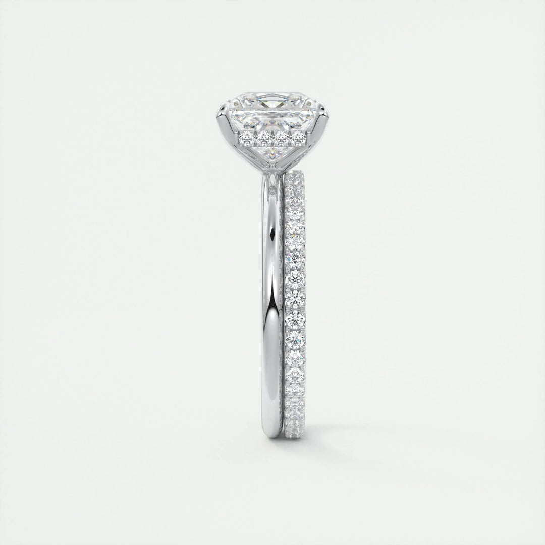 Princess cut hidden halo engagement ring shown in real-life wear