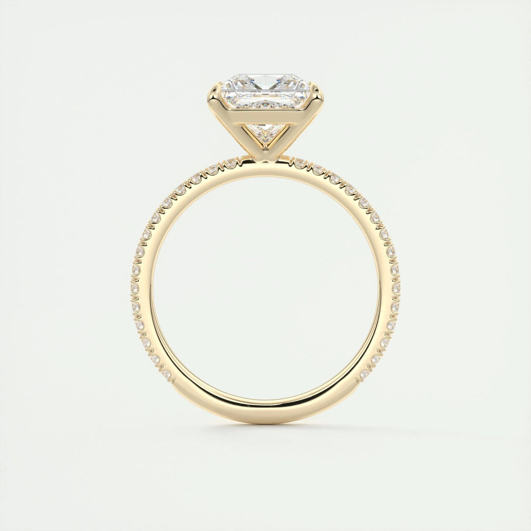 Princess pave engagement ring close-up showing F-/VS1 diamond clarity