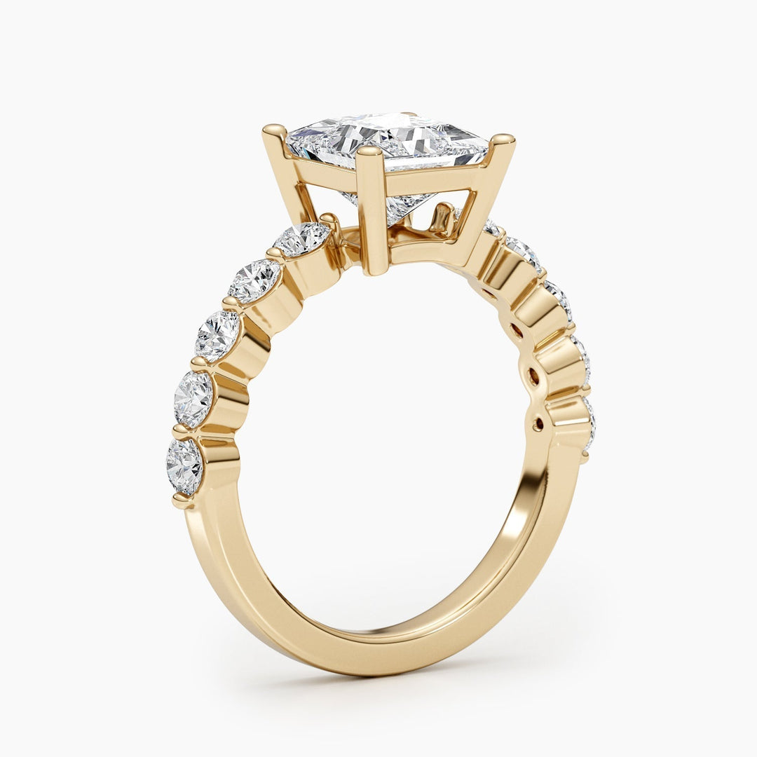 Princess pave lab grown diamond ring side profile in gold setting