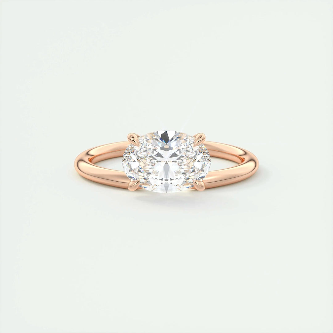 Oval east west lab grown diamond ring side profile in gold setting