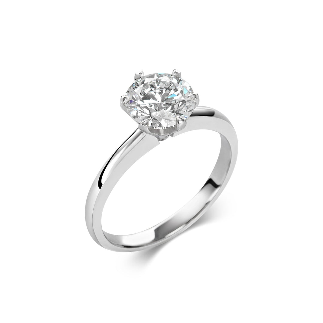 Round solitaire diamond ring displayed on jewelry stand