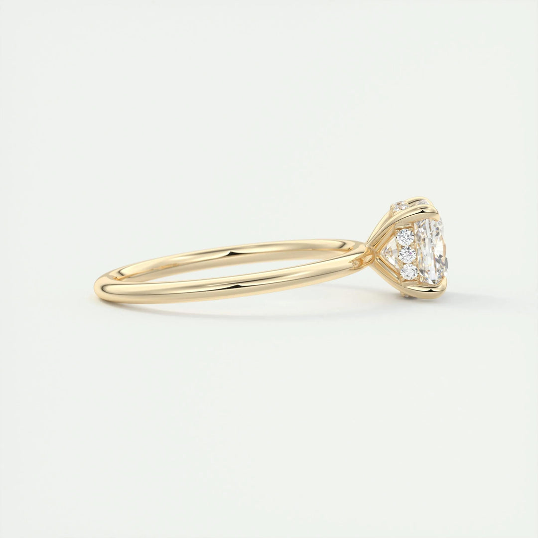 Cushion cut engagement ring side view showing band detail