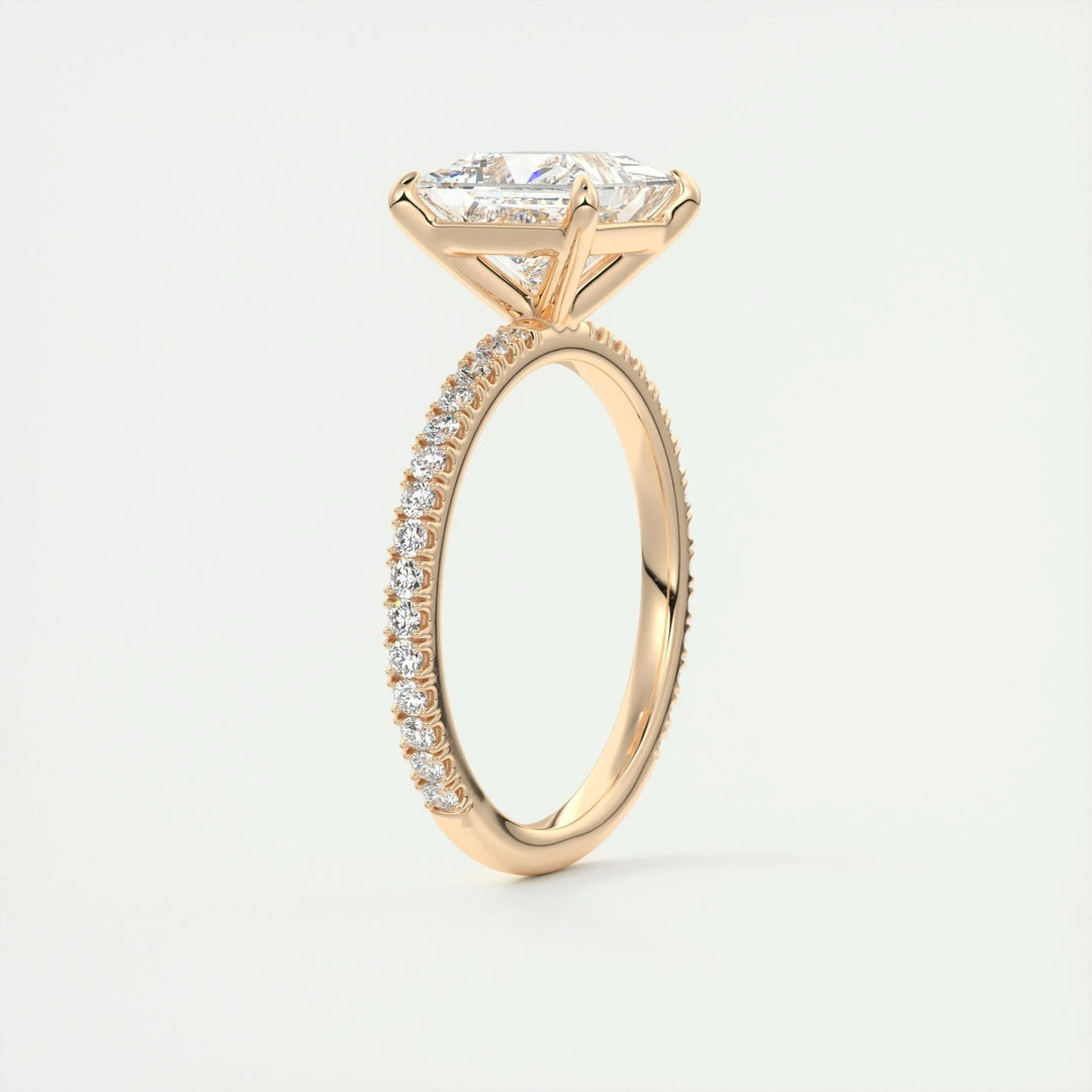Princess cut engagement ring side view showing band detail