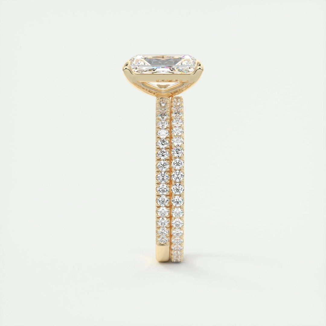 Side angle of radiant pave diamond engagement ring