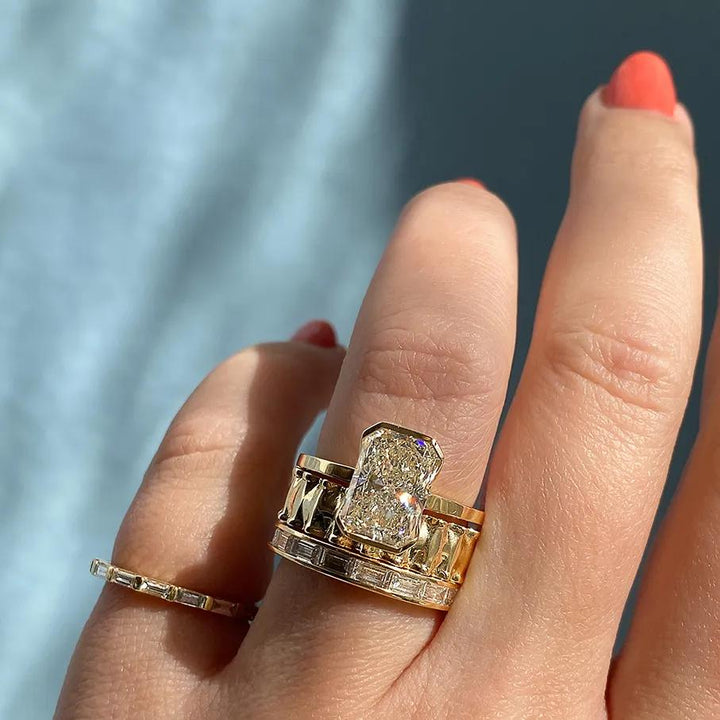 Lifestyle shot of radiant solitaire diamond ring on hand