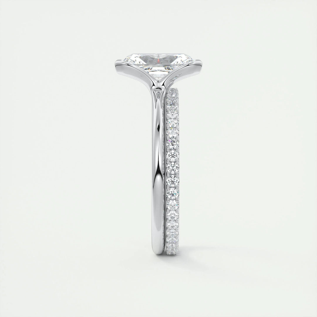 Angled view of radiant cut diamond in solitaire setting