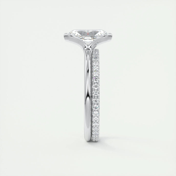Angled view of radiant cut diamond in solitaire setting