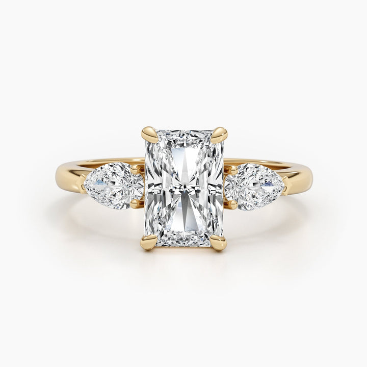 Side angle of radiant three stone diamond engagement ring