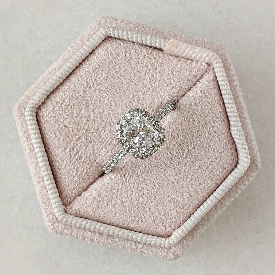 1.02CT radiant cut halo engagement ring available to buy now