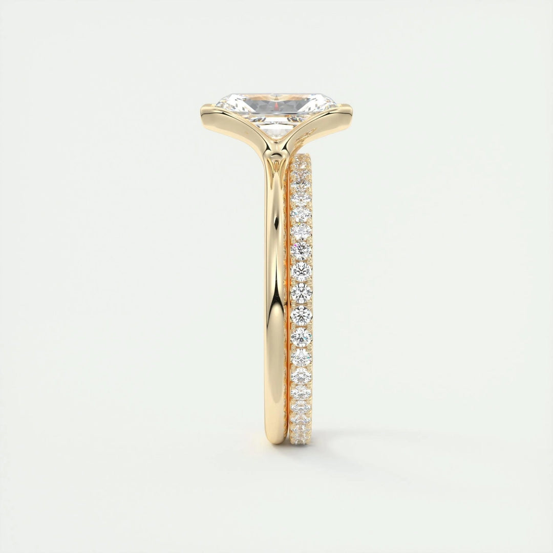 Radiant solitaire lab grown diamond ring side profile in gold setting