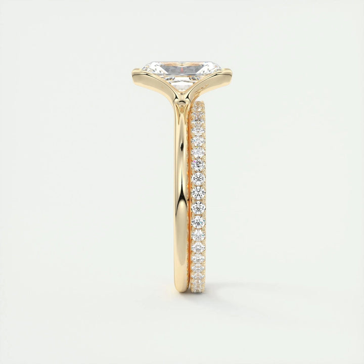 Radiant solitaire lab grown diamond ring side profile in gold setting