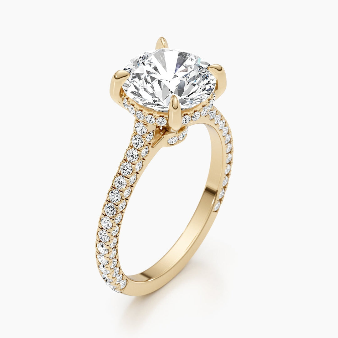 Round hidden halo engagement ring close-up showing high clarity diamond clarity