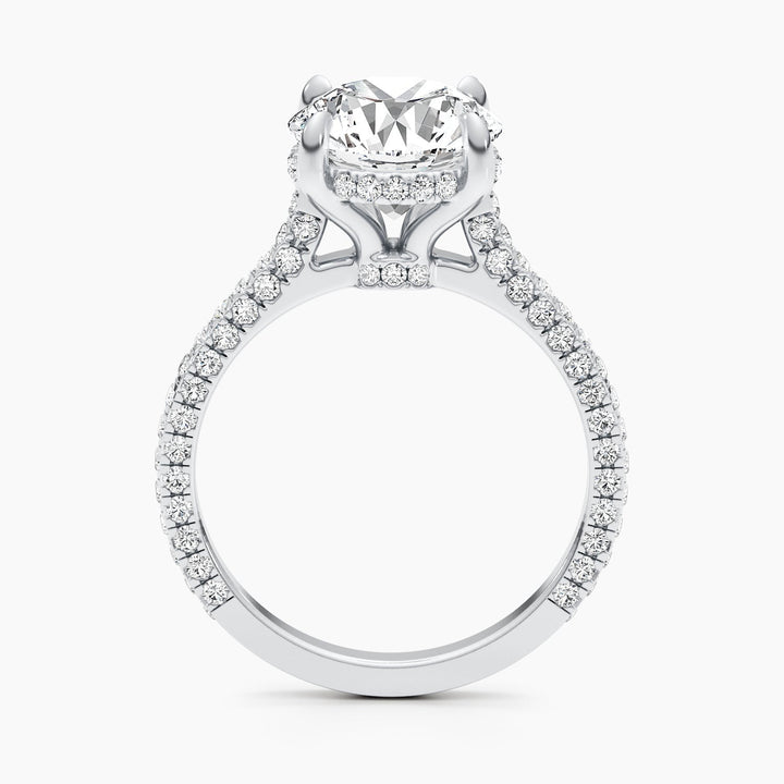 Angled view of round cut diamond in hidden halo setting