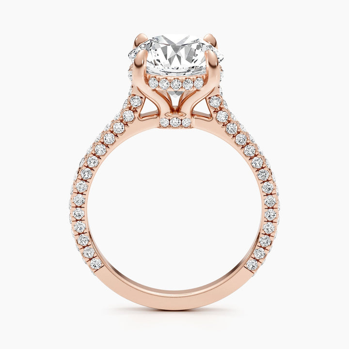 Detailed close-up of round hidden halo diamond engagement ring