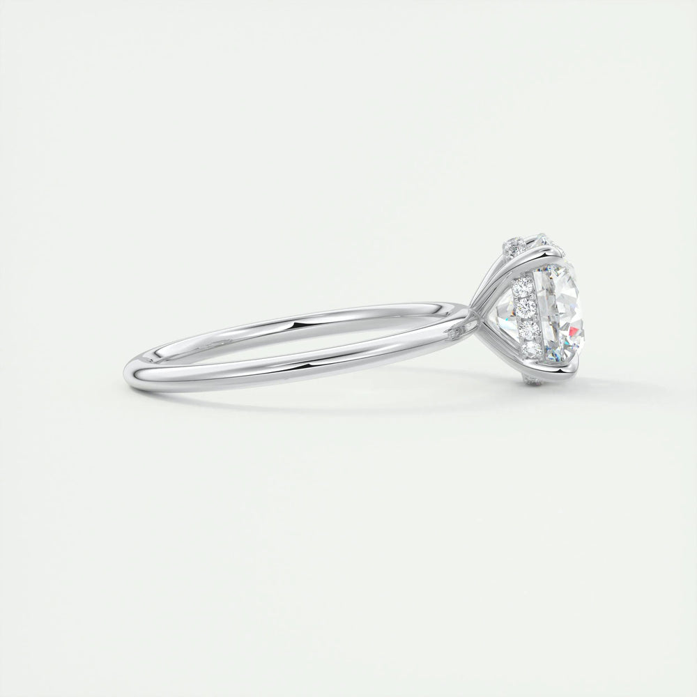 Round cut engagement ring side view showing band detail