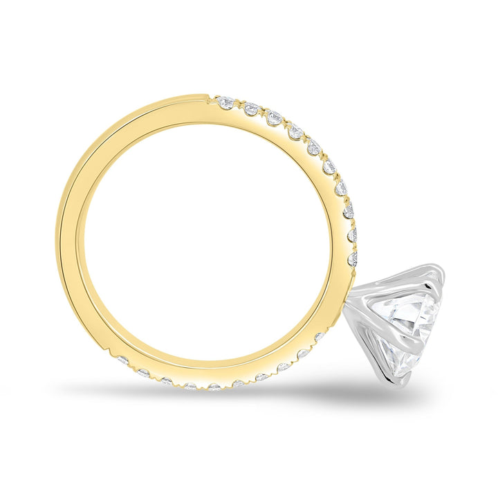 Lifestyle shot of round pave diamond ring on hand