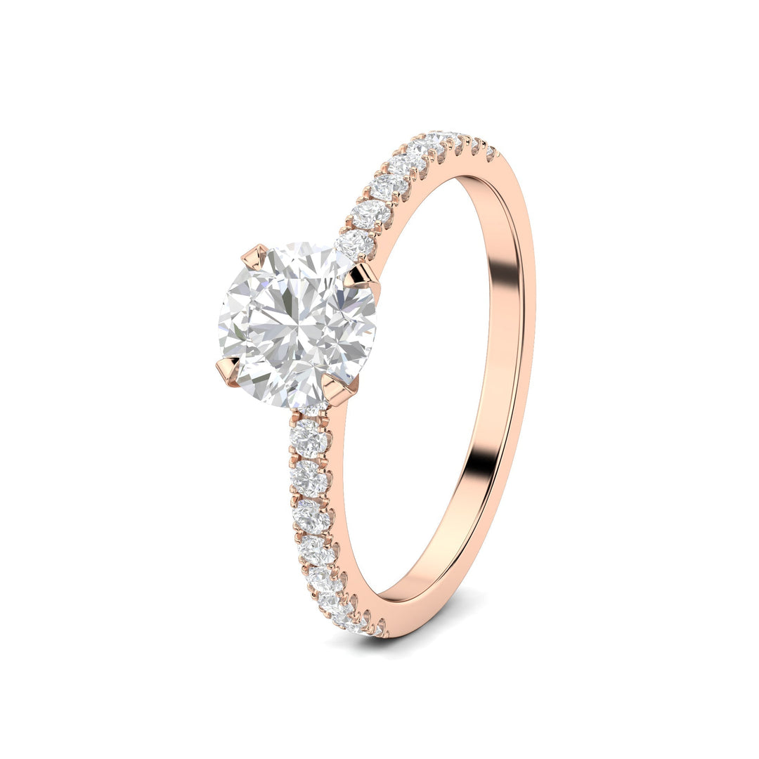 Round cut engagement ring side view showing band detail