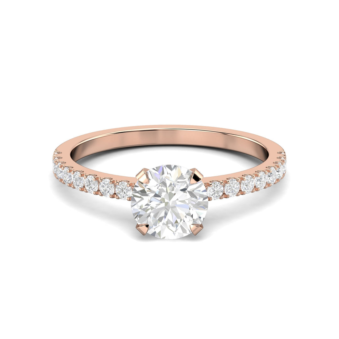 Detailed close-up of round pave diamond engagement ring
