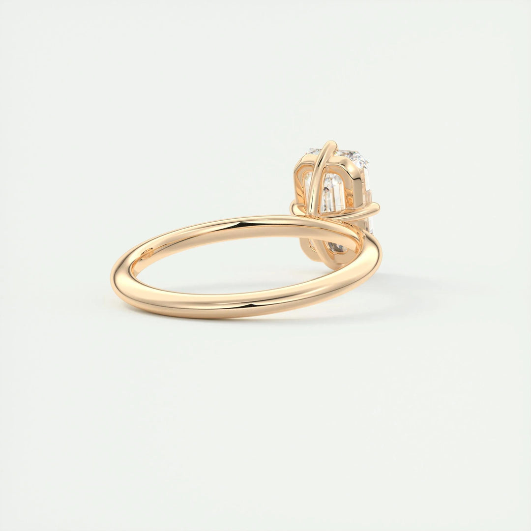 Emerald cut engagement ring side view showing band detail