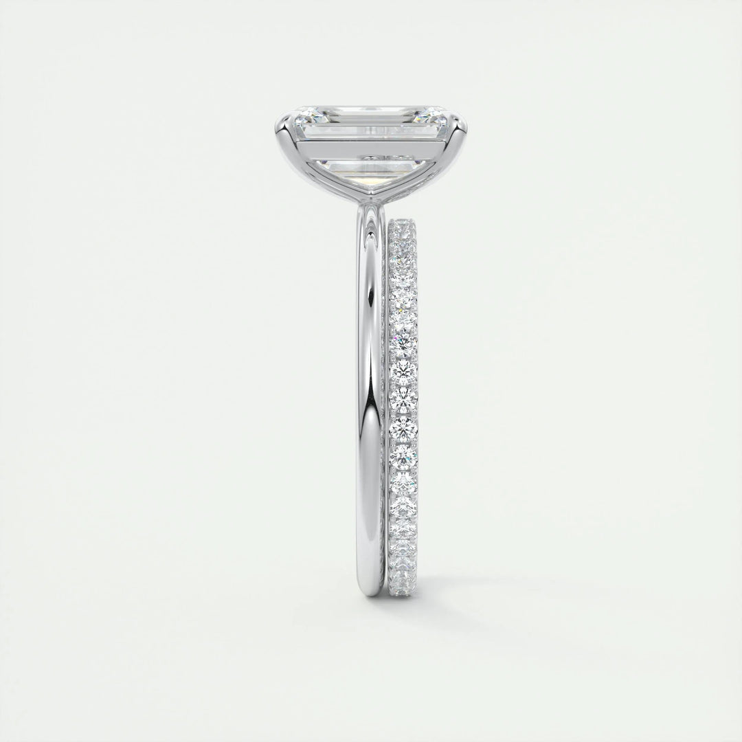 Angled view of emerald cut diamond in solitaire setting