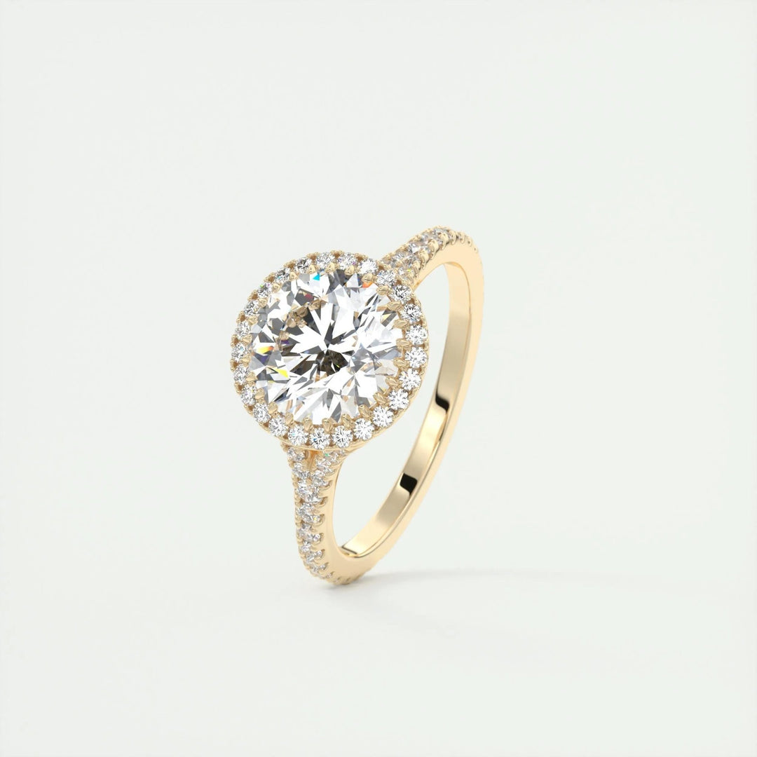 Round halo engagement ring close-up highlighting diamond sparkle
