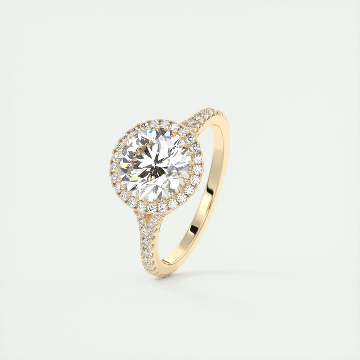 Round halo engagement ring close-up highlighting diamond sparkle