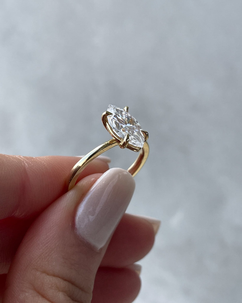 Lifestyle shot of marquise solitaire diamond ring on hand