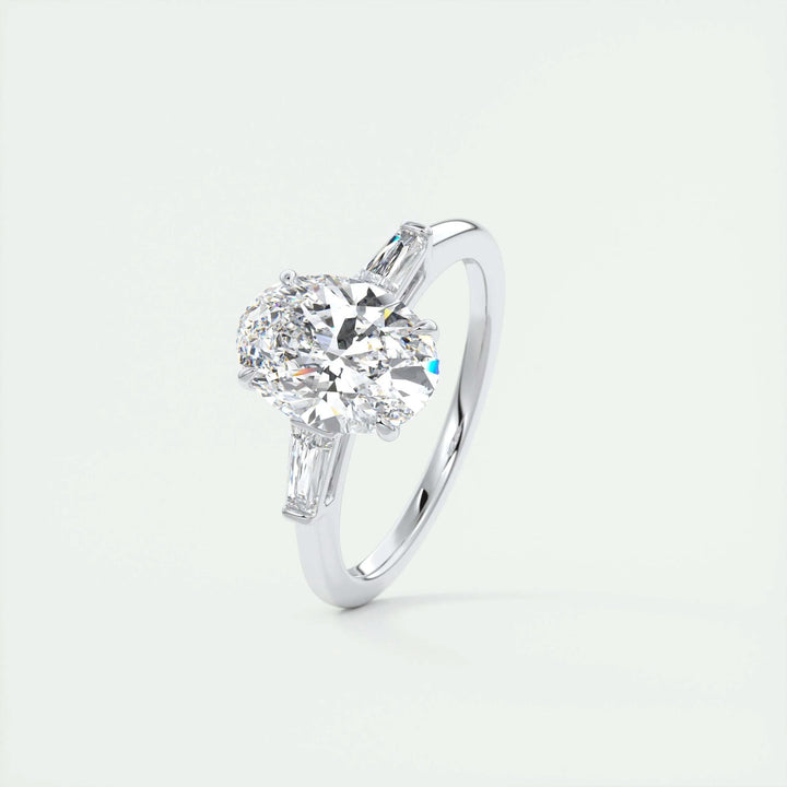 Oval three stone engagement ring viewed from the side