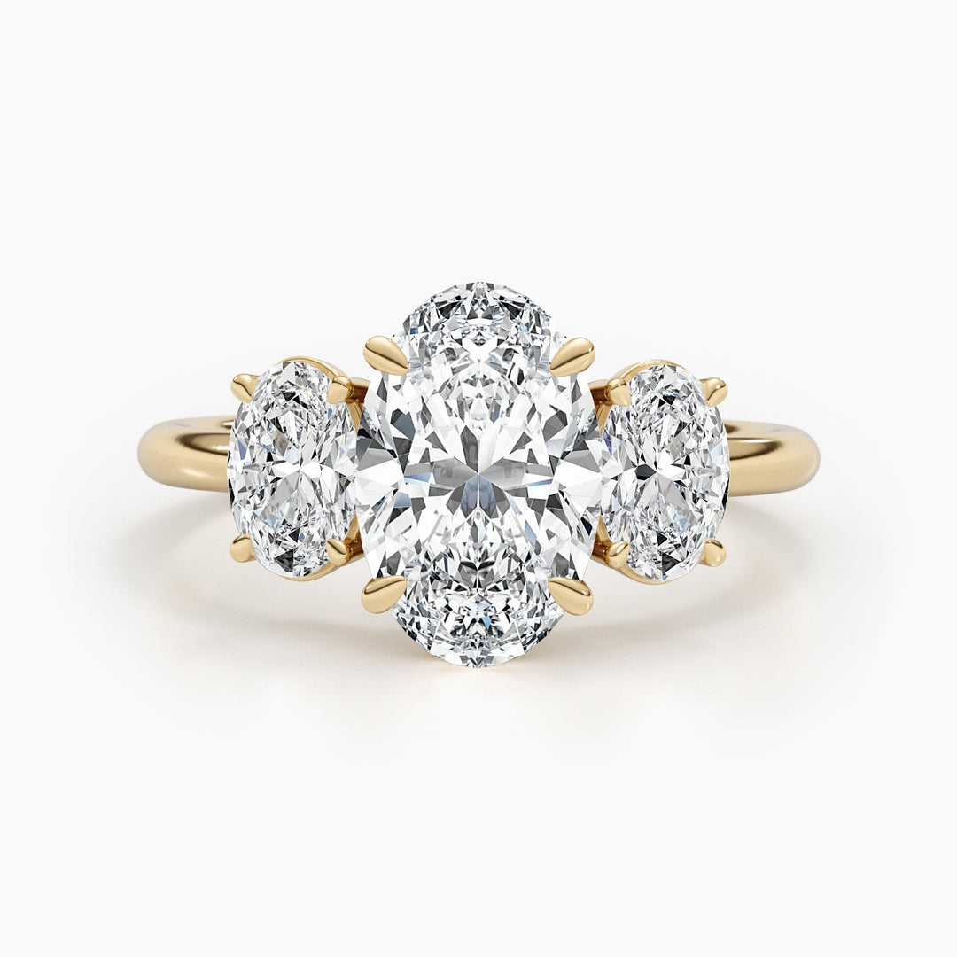 Oval three stone engagement ring close-up showing high clarity diamond clarity