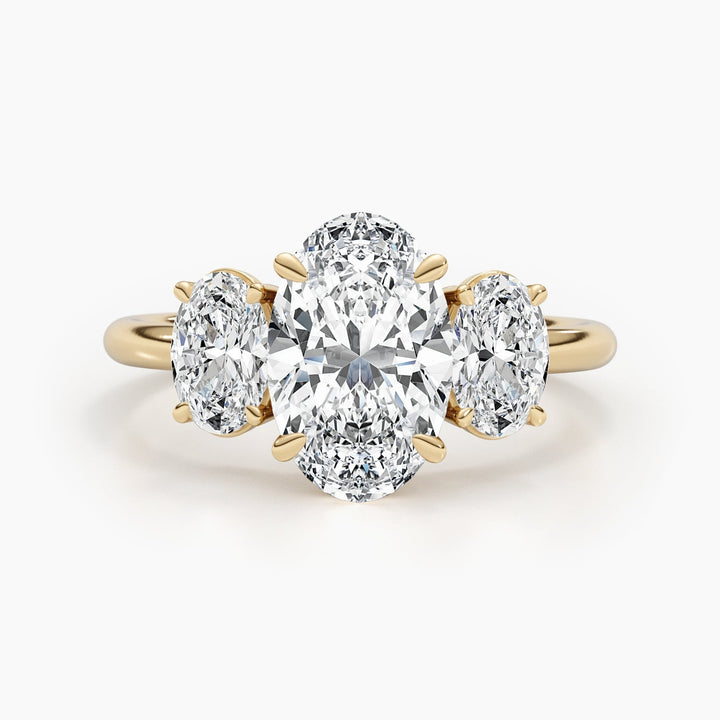 Oval three stone engagement ring close-up showing high clarity diamond clarity