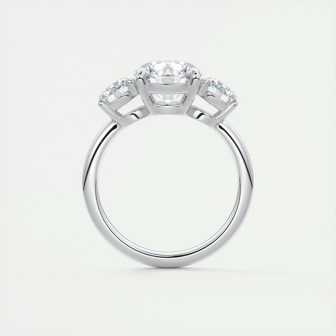 Handcrafted round cut three stone lab grown diamond engagement ring