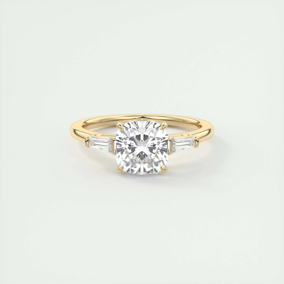 Cushion three stone diamond ring presented in signature gift packaging