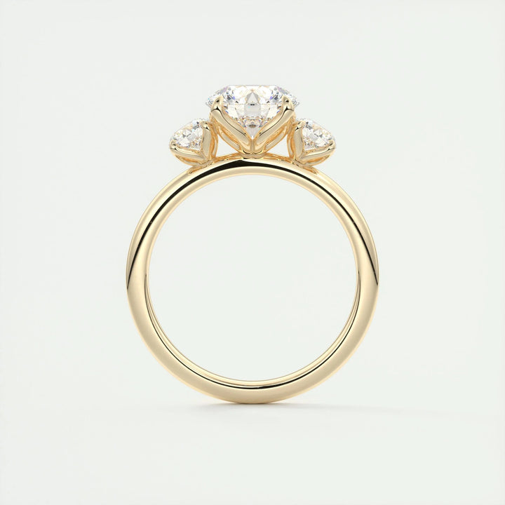 Close-up of round cut center diamond in three stone engagement ring