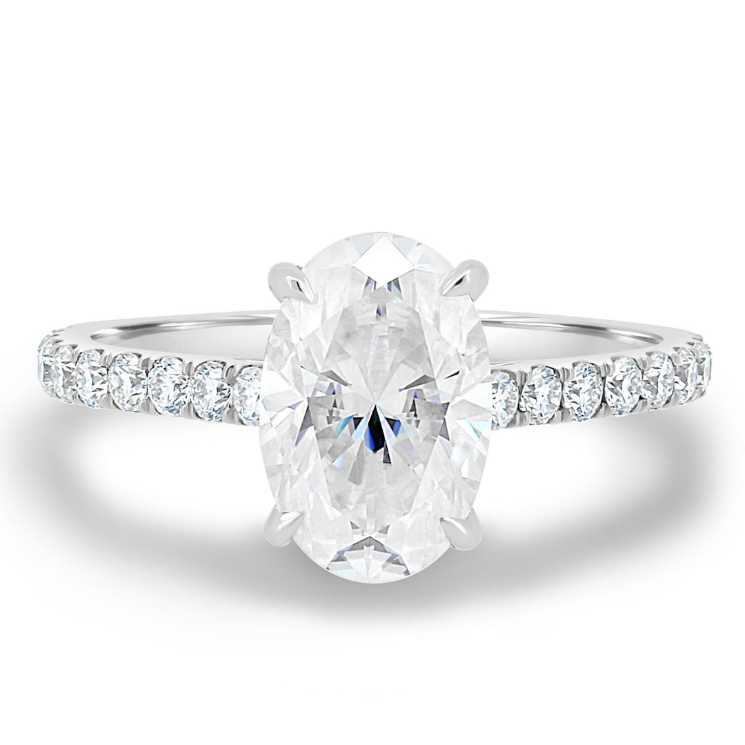 Top-down view of oval cut hidden halo engagement ring