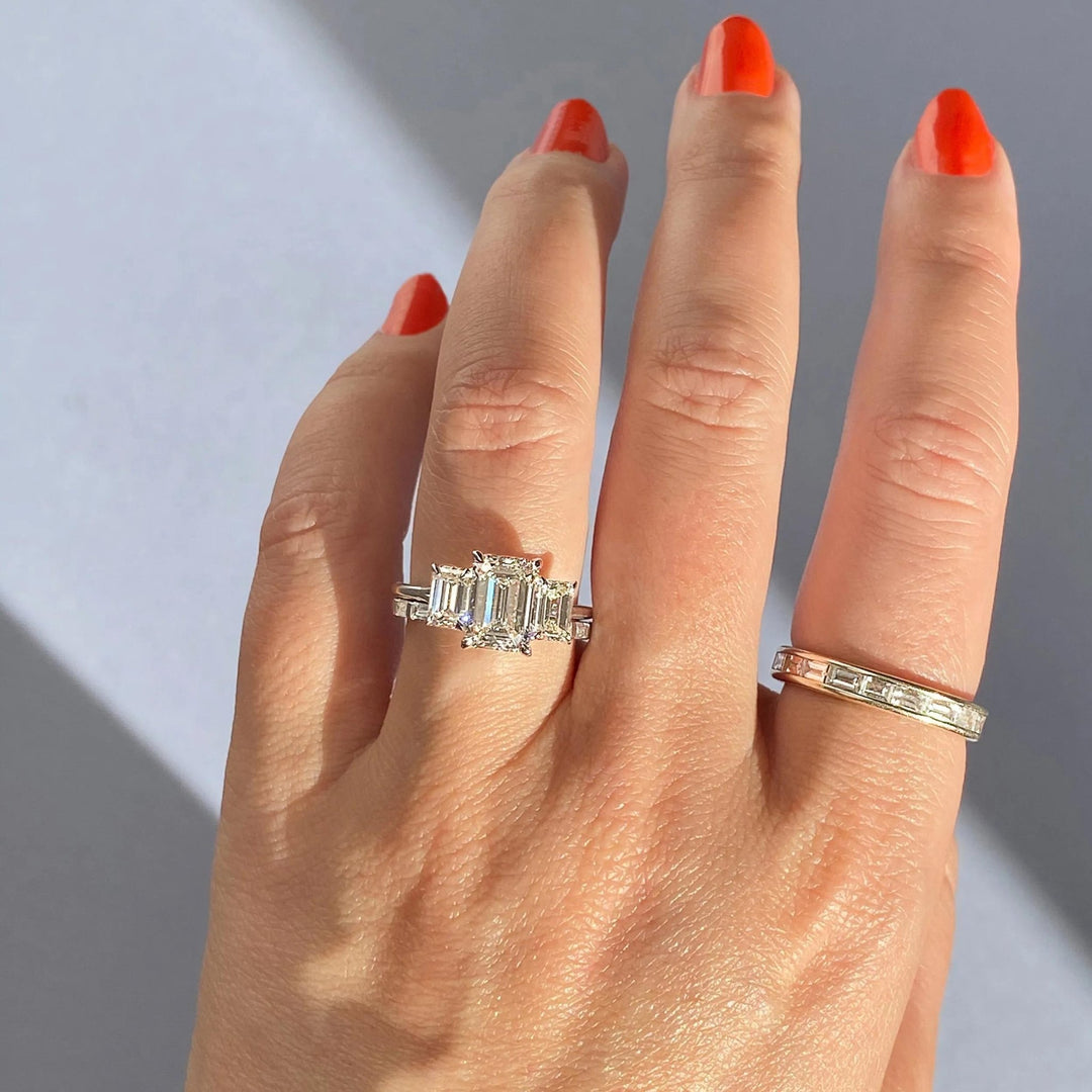 Shop emerald cut three stone lab grown diamond engagement ring online