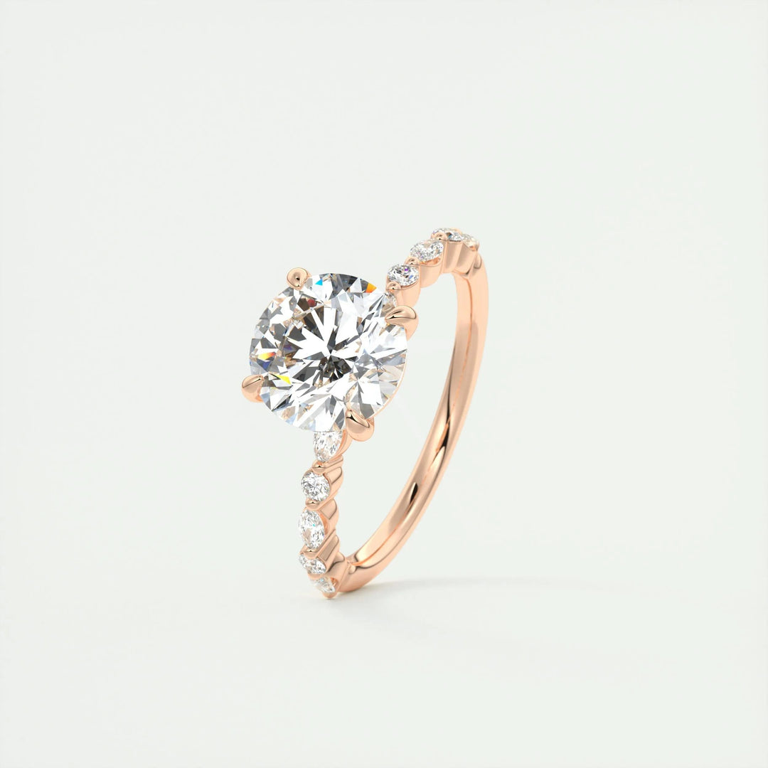 Round pave engagement ring close-up showing F-/VS1 diamond clarity