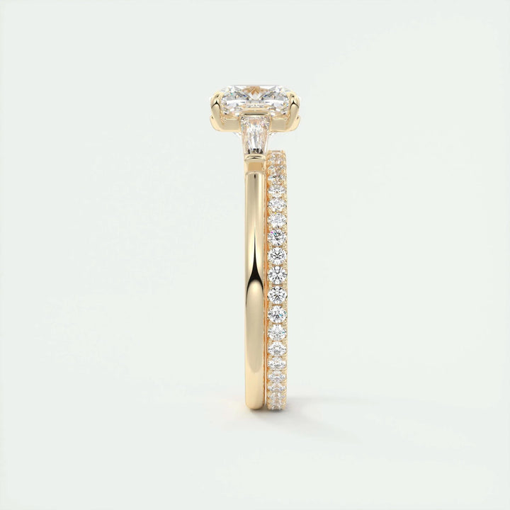 Unboxing view of cushion cut three stone diamond engagement ring