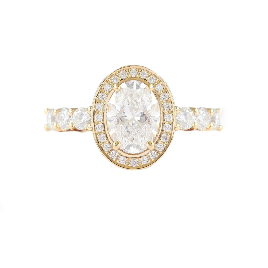 Fine craftsmanship detail on oval halo engagement ring
