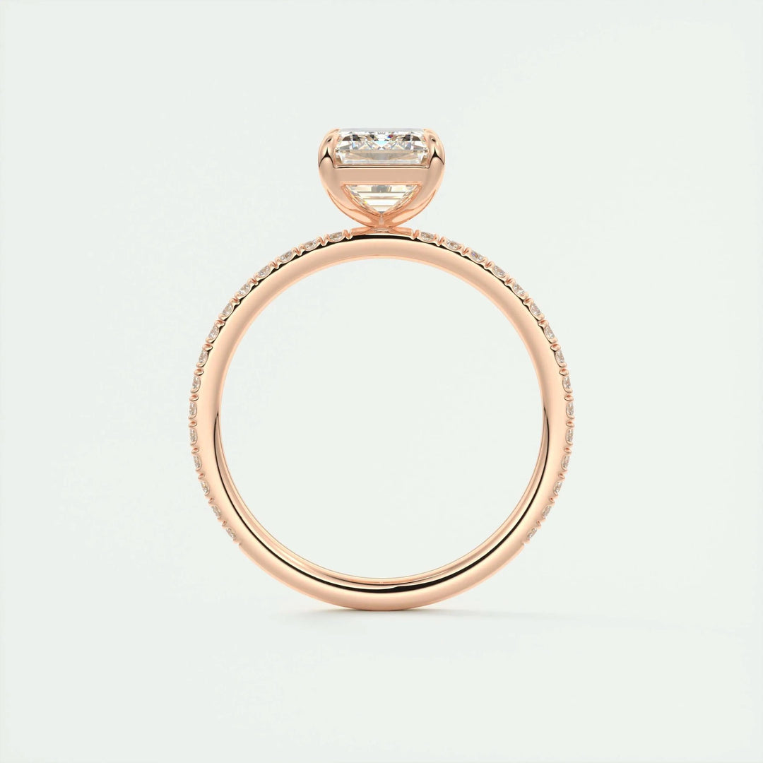 Emerald cut engagement ring side view showing band detail