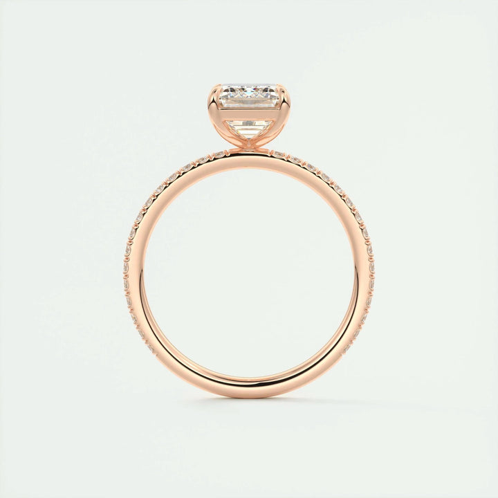 Emerald cut engagement ring side view showing band detail