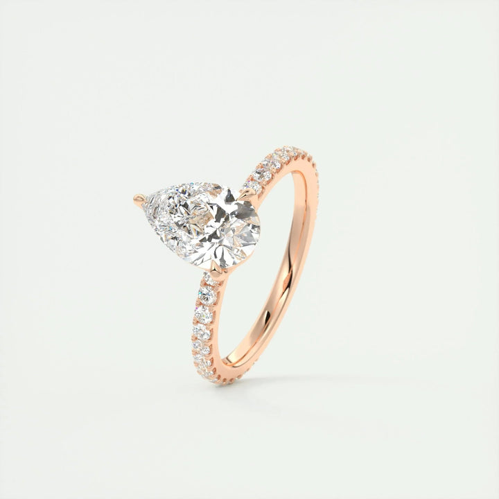Pear pave lab grown diamond ring side profile in gold setting